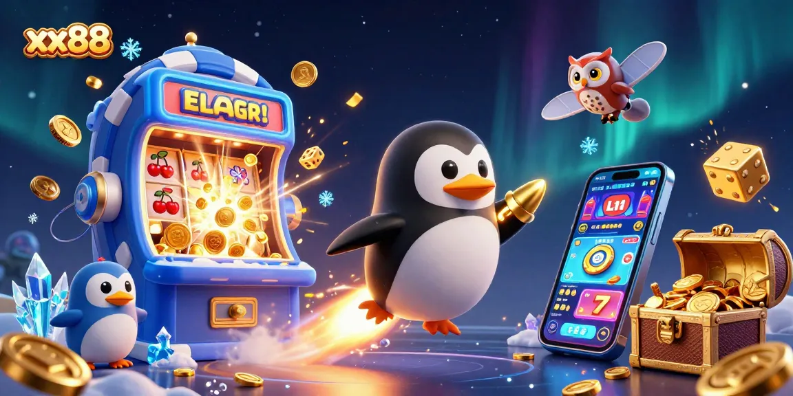 Experience the excitement of xx88 with a penguin launching to a casino space station.