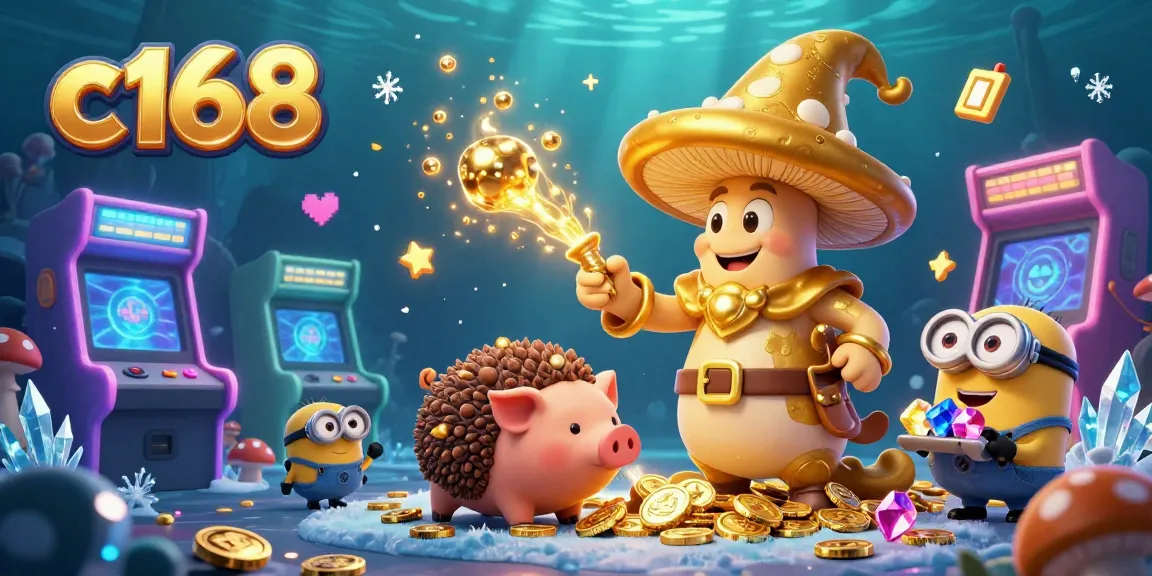 Experience thrilling gameplay on c168 with a golden mushroom wizard and treasure-filled 3D gambling scene.