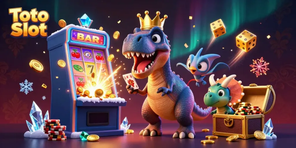 Permainan Toto Slot menampilkan dinosaurus dalam kasino dengan slot mesin yang meledak dengan jackpot.