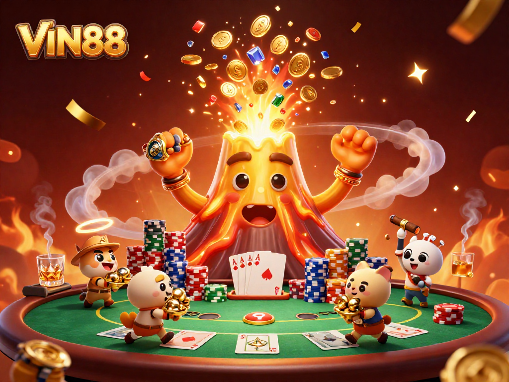 Join the thrilling adventure of VIN88 with a golden volcano and treasure-seeking animals in a vibrant casino scene.