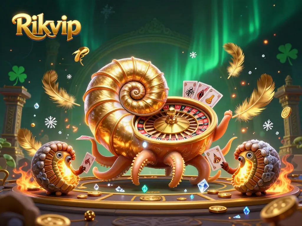 Experience the vibrant energy of Rikvip in this 3D illustration featuring a giant nautilus and gambling elements.