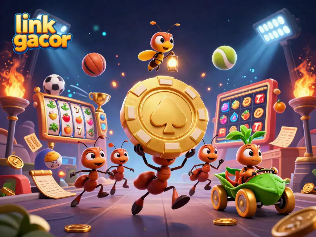 Aktivitas heist semut membawa chip poker emas di link slot gacor, penuh elemen kasino.