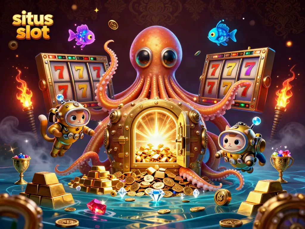 Menangkan permainan situs slot dengan kraken emas dan kucing selam di latar pemandangan mewah.