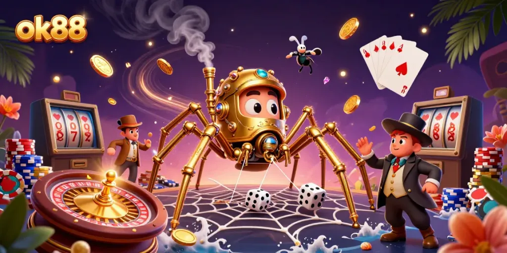 Experience the excitement of ok88 as a steampunk spider weaves a golden web of casino luck.