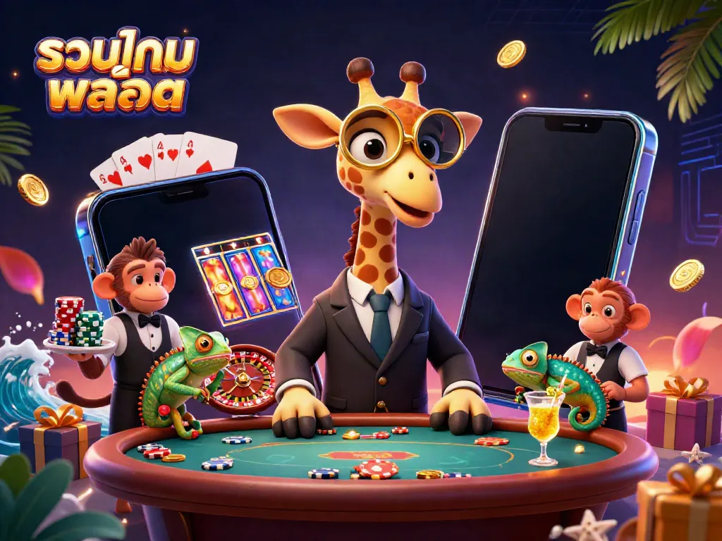 Experience exhilarating gameplay with รวมเกมสล็อต featuring a high-roller giraffe and casino elements.
