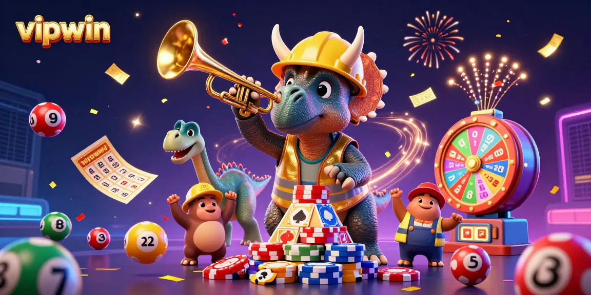 Experience the excitement of vipwin with a dynamic casino illustration of fun characters and vibrant gaming elements.