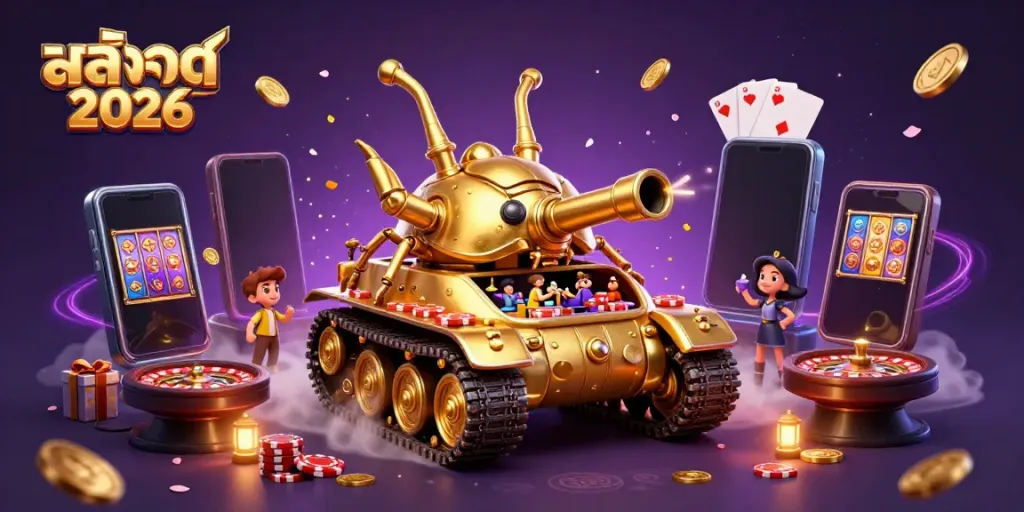 Engage with สล็อต 2026 action featuring vibrant games and golden treasures in a lively casino tank illustration.