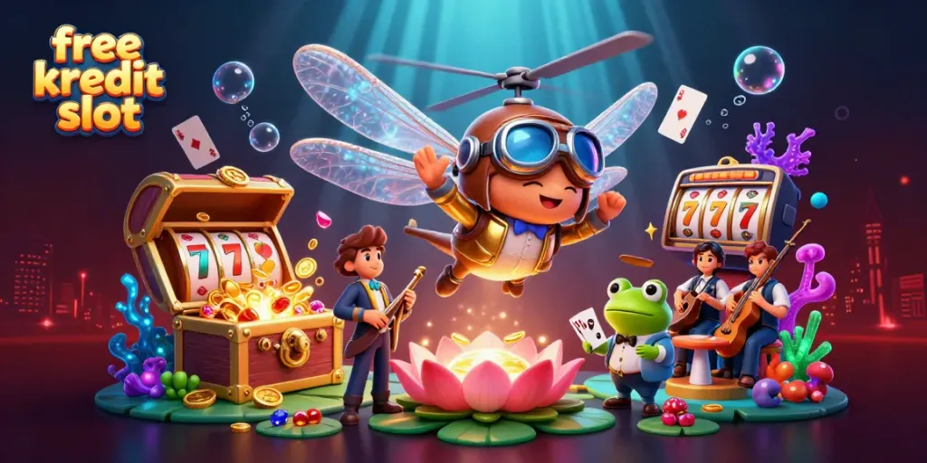 Engage with thrilling free kredit slots in a vibrant 3D casino scene filled with action and excitement.