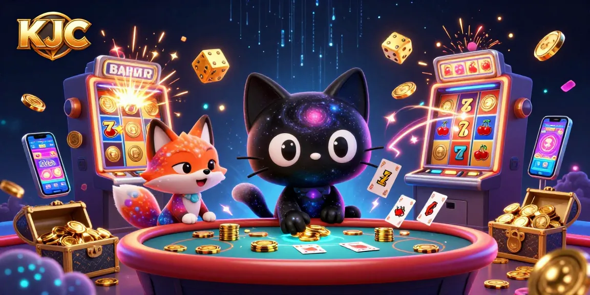 KJC cosmic casino illustration showcasing a black hole cat and a nebula fox amidst slot machines and glowing treasures.