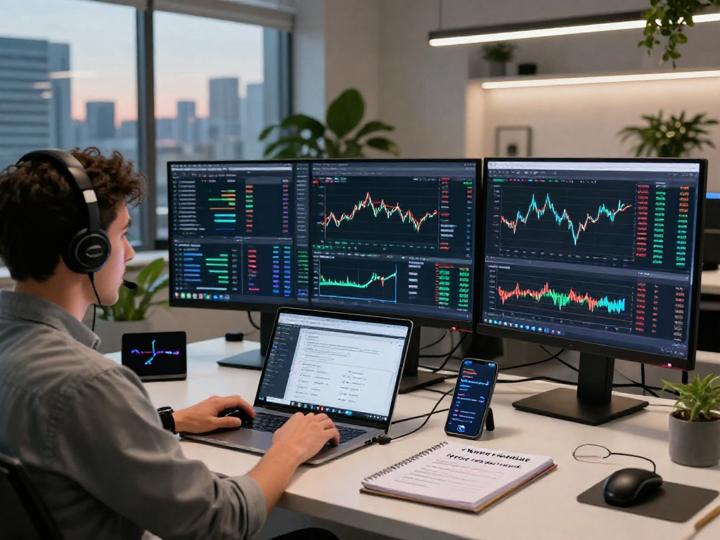 Entusiasta del trading utilizando Immediate Edge en pantalla múltiple en un entorno moderno