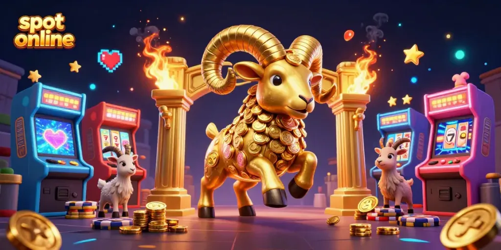 Slot online dengan simbol jackpot dan mesin permainan 3D yang cerah, menarik perhatian pemain di dunia kasino.