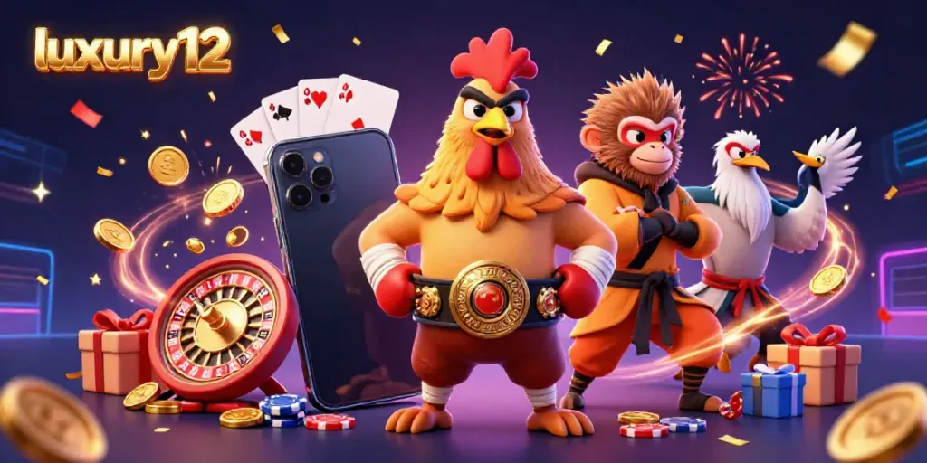 Engage with luxury12 gaming, featuring dynamic slot game action with characters in a vibrant casino scene.
