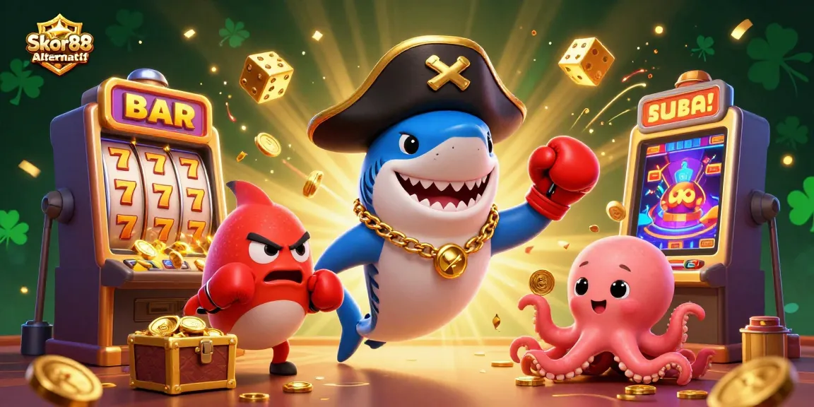 Engage with Skor88 Alternatif as a dynamic casino illustration showcasing vibrant characters and exciting gambling elements.