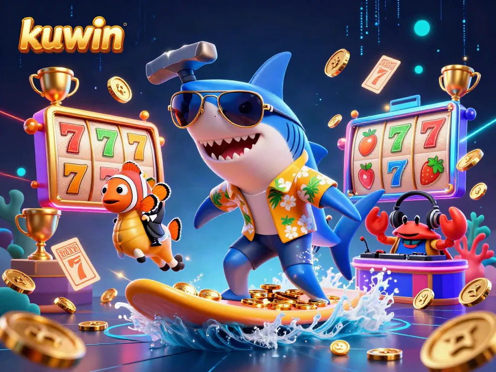 Kuwin showcases a vibrant scene with characters celebrating online gaming excitement amidst gold coins and slot reels.