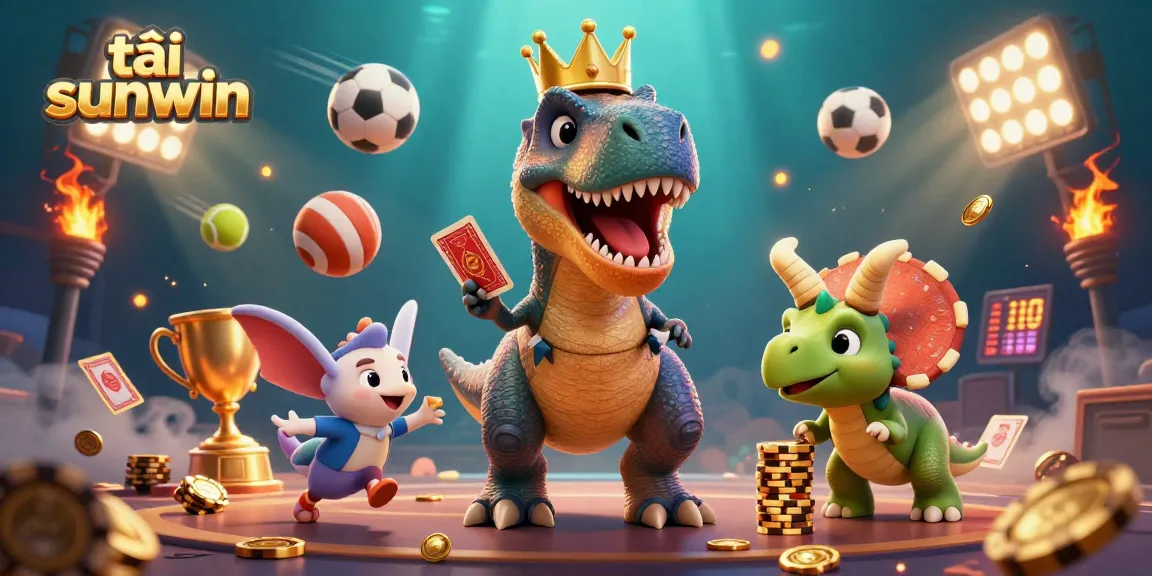 Experience the excitement of tải sunwin with vibrant 3D characters featuring T-Rex, pterodactyl, and triceratops in a lively casino scene.