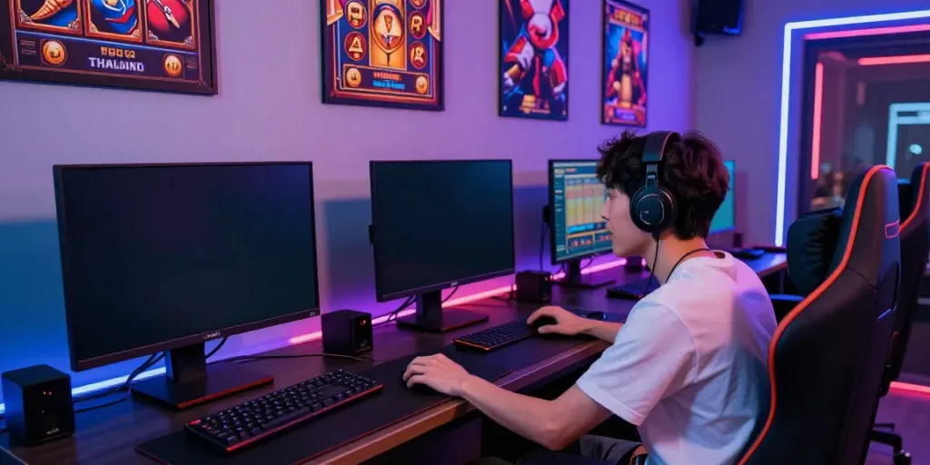 Player enjoying a thrilling experience on a slot server Thailand in a vibrant gaming setup.