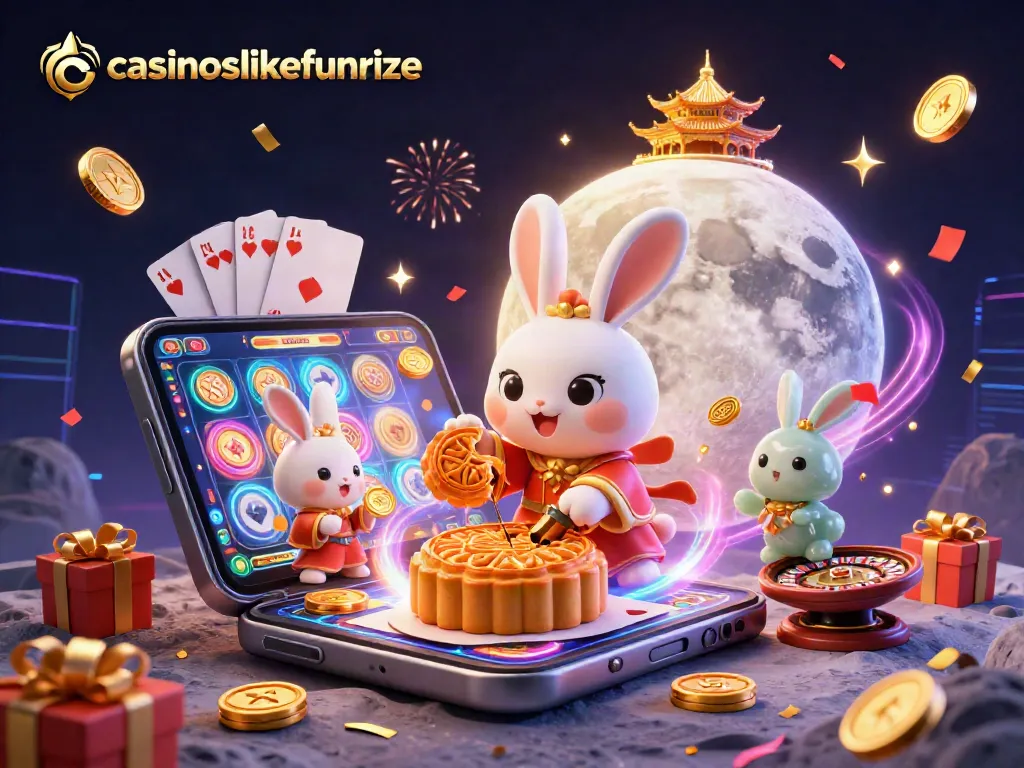 Engage with casinoslikefunrize's enchanting moon rabbit theme, revealing poker chips amidst vibrant game elements.