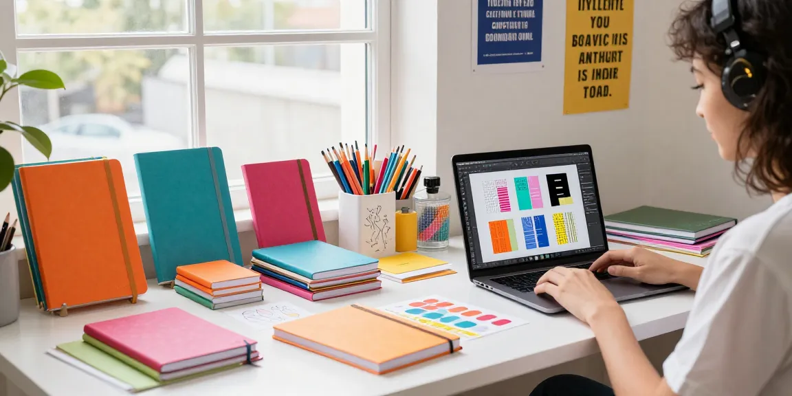 Custom printed notebooks showcased on a designer's desk with vibrant colours and samples, emphasising creativity and design.