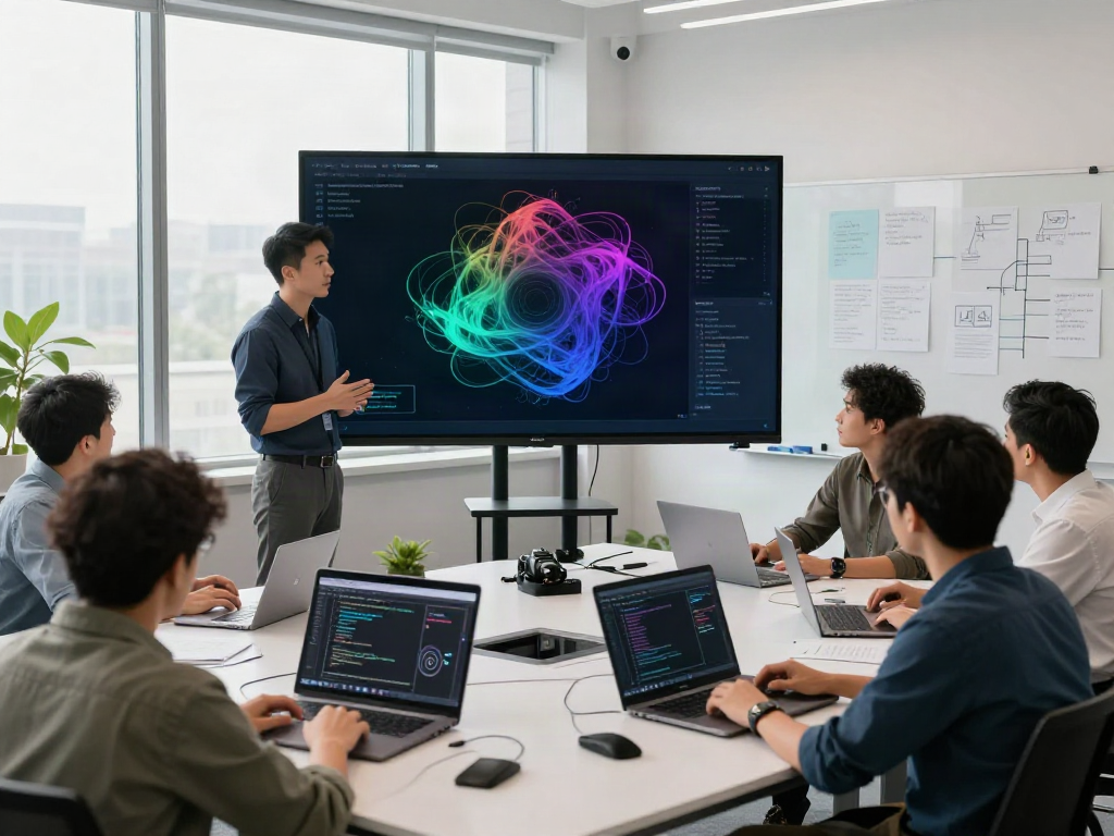 Diverse team collaborating on GPU computing projects in a dynamic tech workspace.