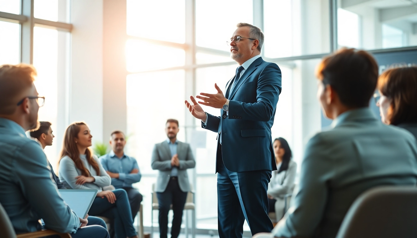 Showcasing a leader exemplifying Leadership Communication while addressing an engaged audience in a modern office.