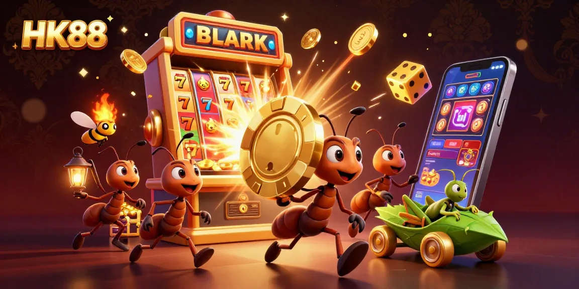 HK88 heist scene with ants carrying a giant poker chip amidst colorful casino elements.