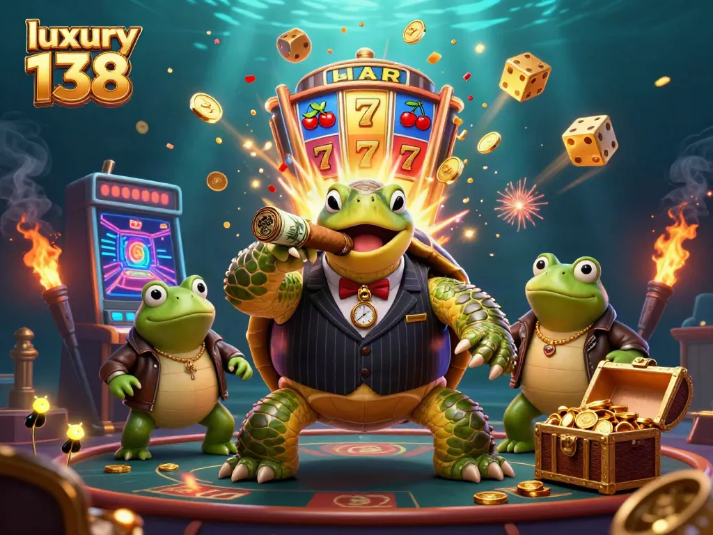 Experience thrilling wins with luxury 138 in this vibrant casino-themed illustration.