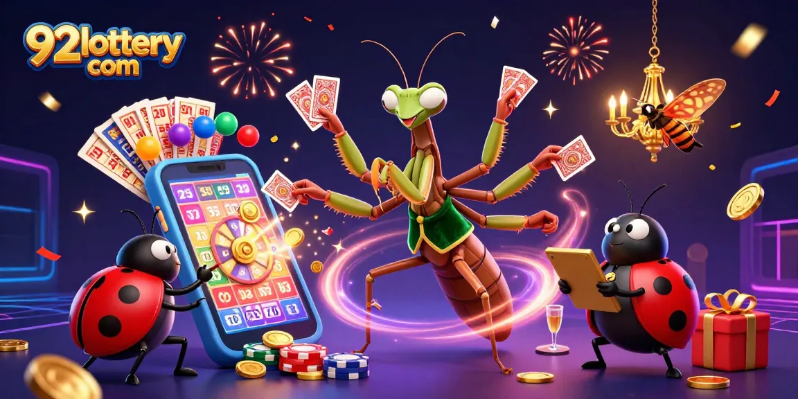 Engage with 92lottery com as colorful lottery balls and vibrant casino elements come alive in a celebratory scene.