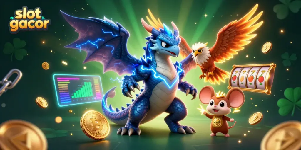 Experience the thrilling world of slot gacor with dynamic 3D characters, colorful game elements, and electrifying atmosphere.