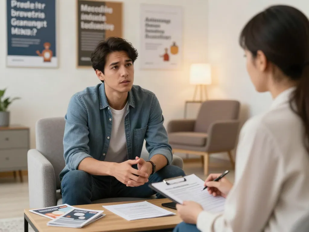 Beratungssitzung für MPU wegen Drogen, individuelles Gespräch mit einem Berater in modernem Büro.