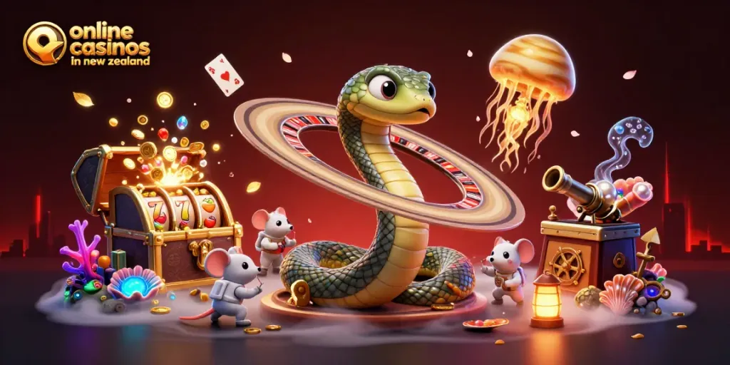 Experience the excitement of online casinos in New Zealand with vibrant 3D gambling elements.