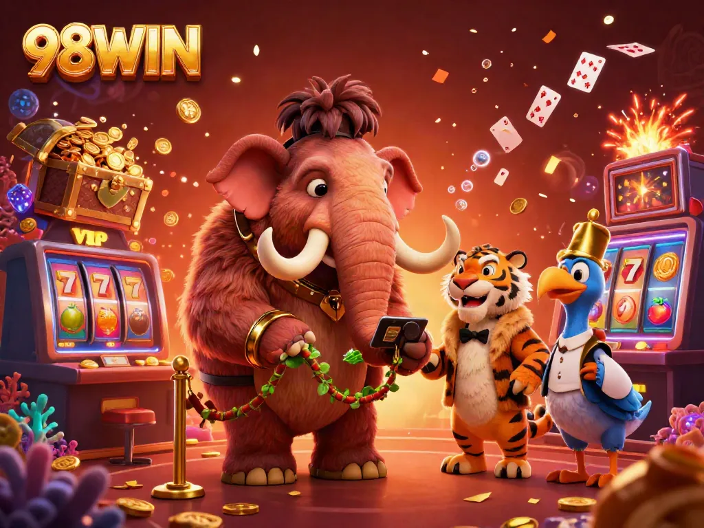 Experience the excitement of 98WIN casino with a colorful illustration of characters enjoying a dynamic atmosphere.