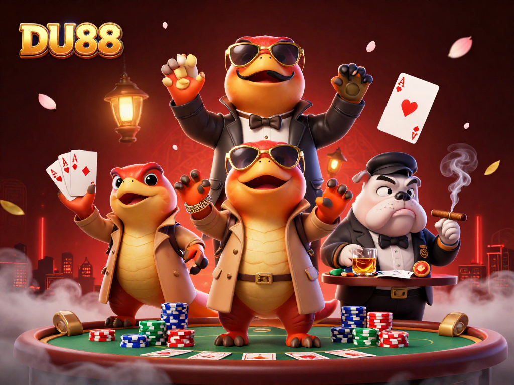 Play poker and win with DU88 in a vibrant casino scene featuring raptors in disguise.