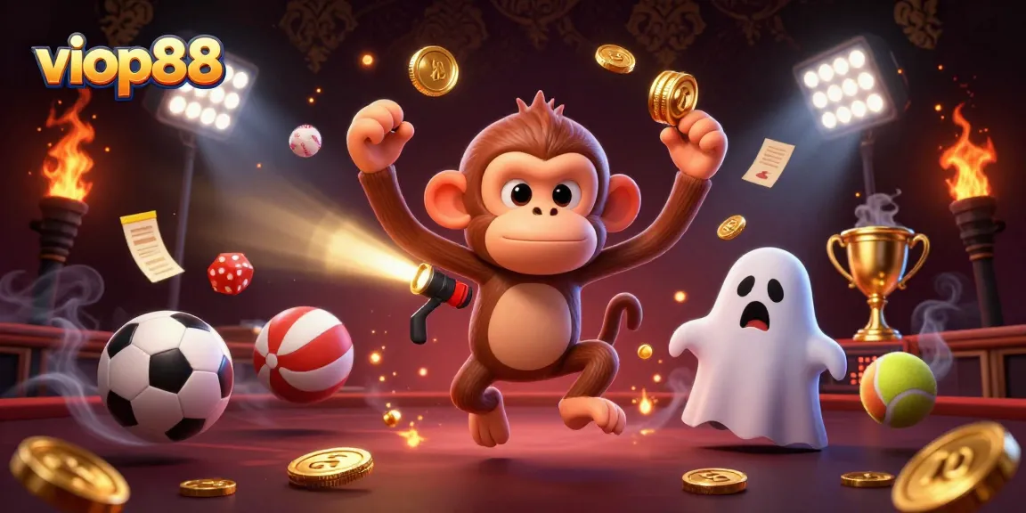 Win big with viop88, as a playful ghost-hunter puppy chases a mischievous monkey in a haunted casino.