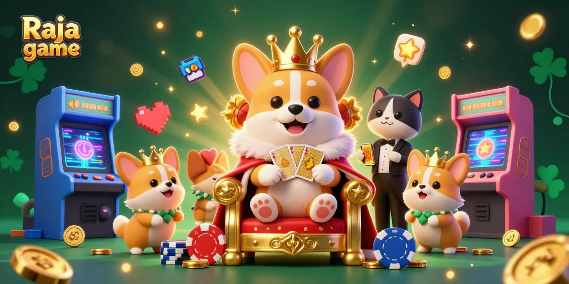 Engage with the thrilling Raja game experience, featuring corgi royalty amidst gaming excitement and dazzling visuals.