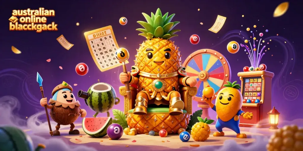 Experience thrilling australian online blackjack with vibrant characters and games in this 3D illustration.