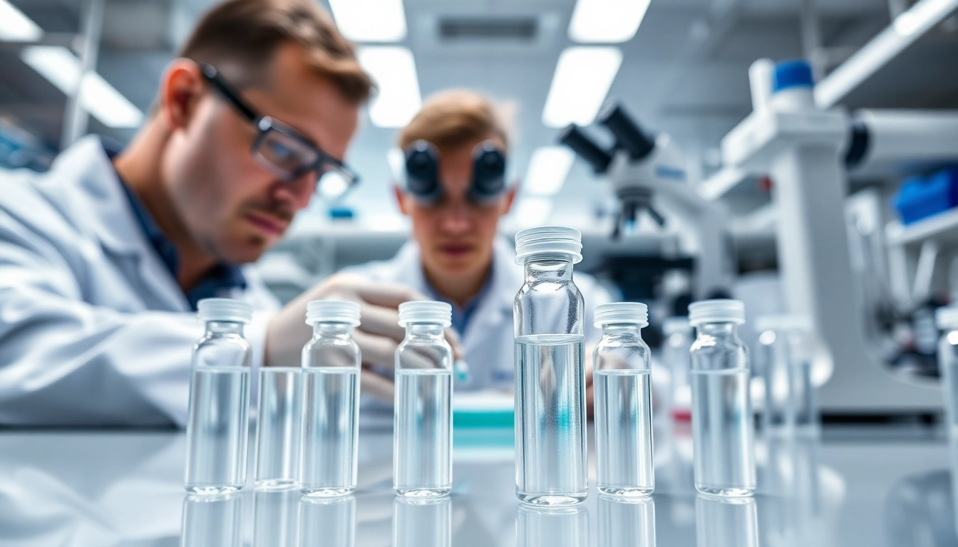 Analyze compound purity peptides in a professional lab setting with scientists and vials.