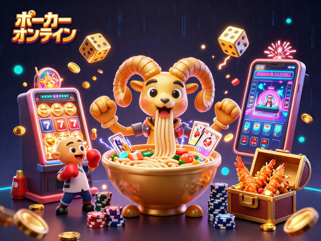ポーカー オンラインで勝負する大きな金色のラーメンボウルと仲間たちの楽しいバトルシーン