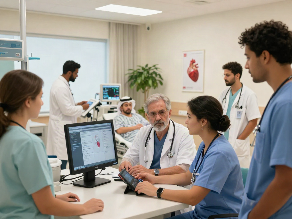 Heart failure treatment in Abu Dhabi by a collaborative medical team in a modern cardiac care unit, showcasing advanced technologies and personalized patient care.