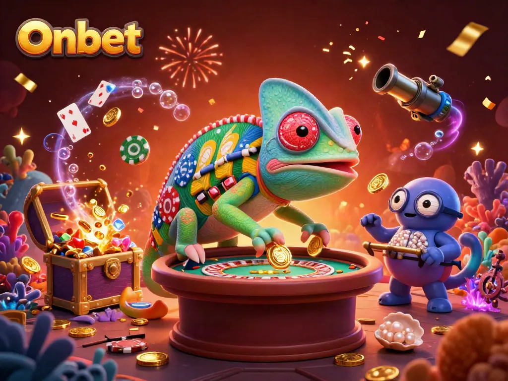 Onbet chameleon casino owner collects golden coins in a vibrant underwater gambling scene.