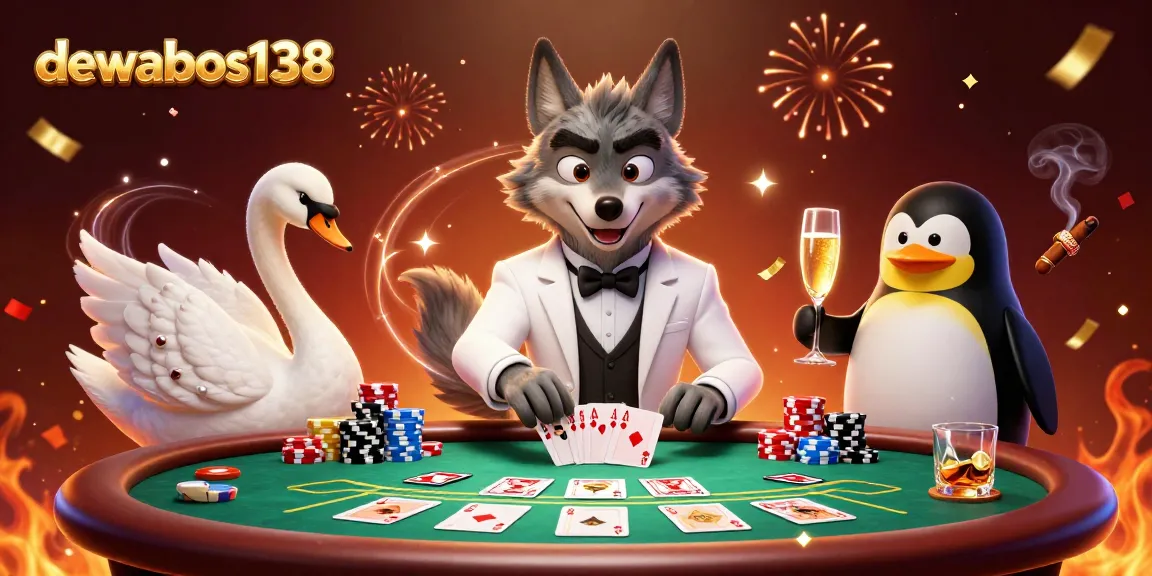 Join the excitement with dewabos138 as a debonair wolf, elegant swan, and penguin sommelier play casino games.