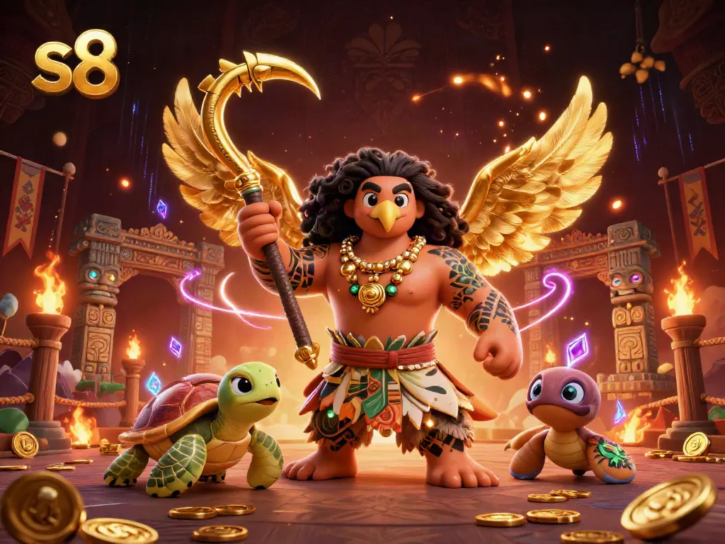 Experience the thrill of gambling with S8’s vibrant casino scene featuring a Polynesian hawk and treasures.