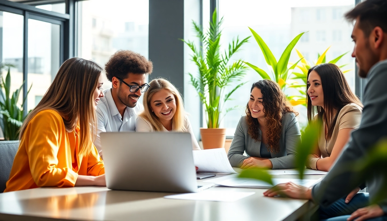 Showcase a team from a PR agency Melbourne actively collaborating in a modern workspace.