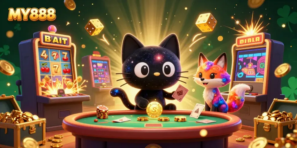 Experience the immersive gaming of MY888 with cosmic-themed, vibrant visuals showcasing dynamic casino gameplay.