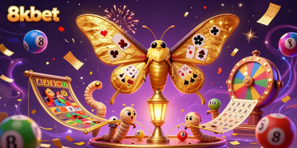 Experience vibrant gaming for 8kbet with colorful balls, confetti, and moth, showcasing festive excitement.
