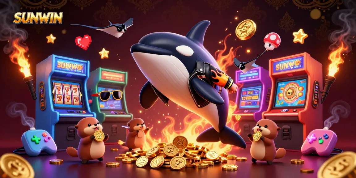 SUNWIN features a cartoon orca whale and otters celebrating wins with golden coins amidst exciting slot machine graphics.