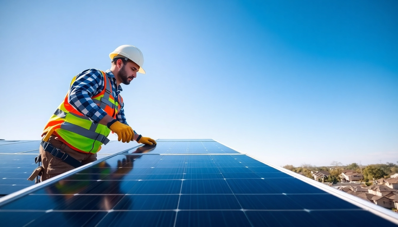 Technician servicing solar panels for the solar repair company New Jersey in a sunny neighborhood.