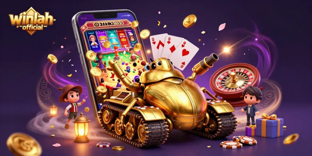 Engage with winlah-official's thrilling 3D casino adventure featuring a golden beetle tank and vibrant games.
