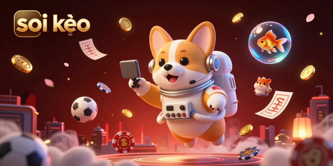 Soi kèo betting details illustrated in a vibrant casino scene with a floating astronaut corgi, playful characters, and sports betting elements