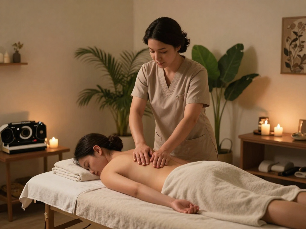 스웨디시 마사지 중인 마사지 therapist와 고객이 있는 아늑한 스파 환경