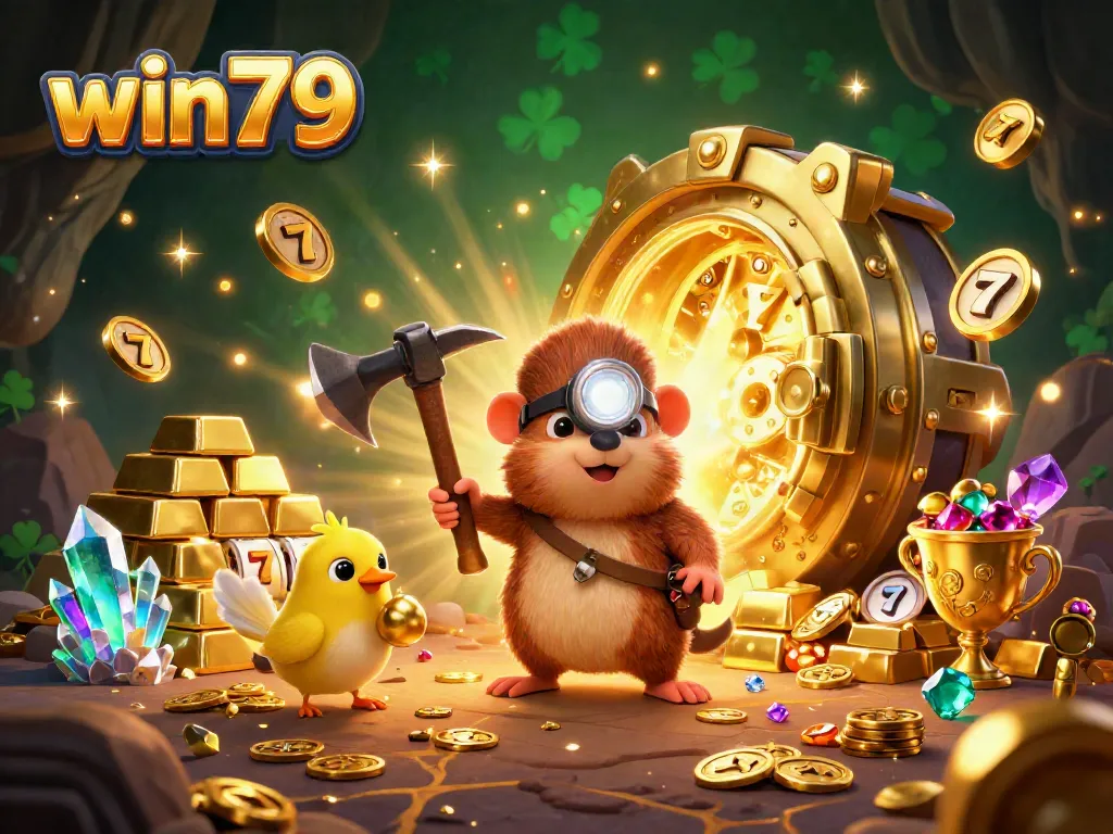 Experience thrilling wins with win79 in a vibrant 3D treasure hunt scene combining gold, gems, and slot elements.